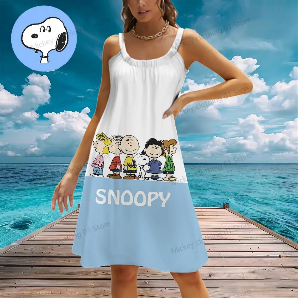 Women's Beach Dresses Snoopy Kawaii Elegant Chic Dress Youthful Woman Clothes 2024 Y2k Summer Leisure S-3XL Anime Boho Sanrio