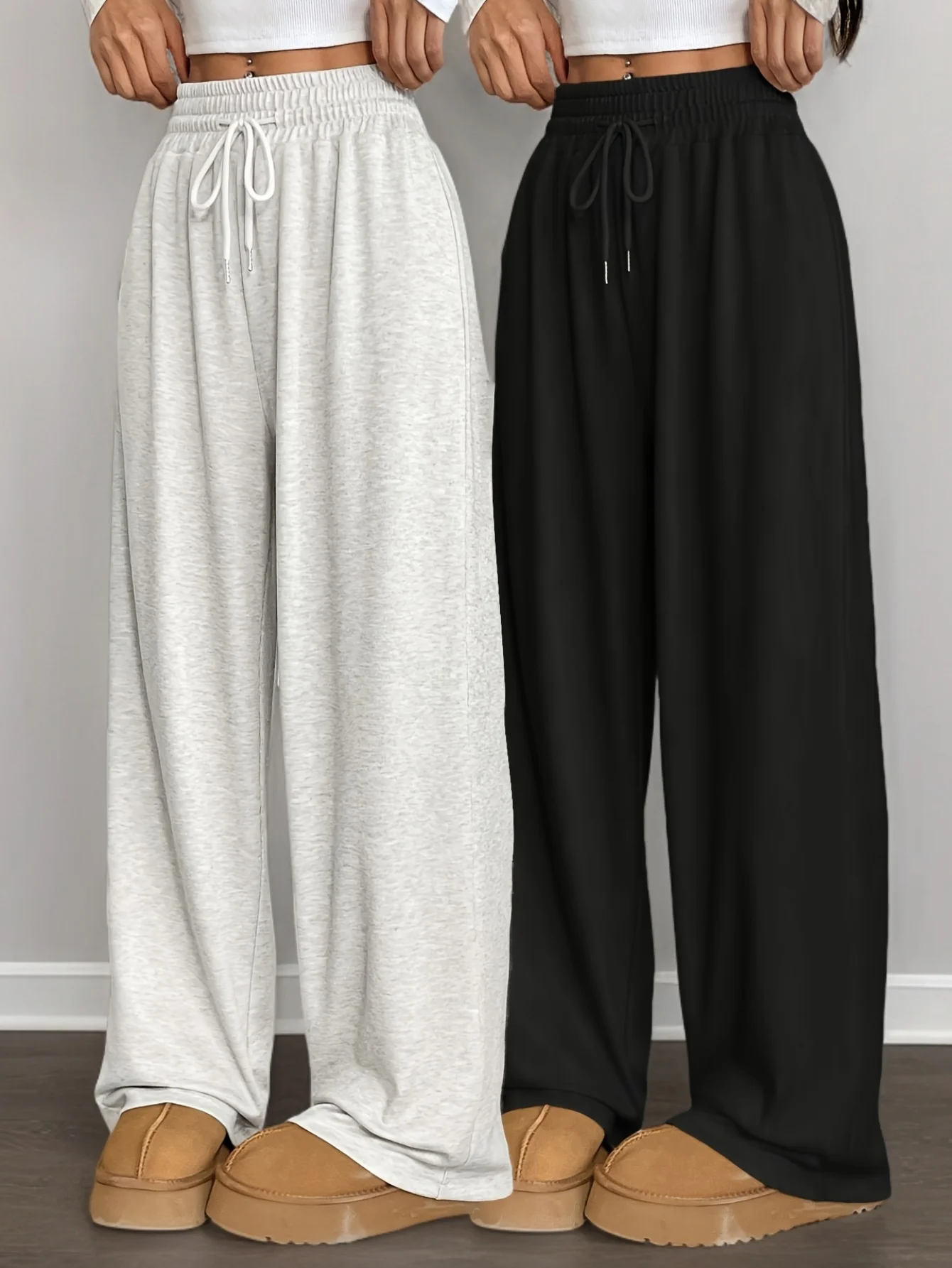 Casual damesbroek met wijde pijpen en elastische taille, verstelbaar trekkoord, losvallende broek voor het hele seizoen