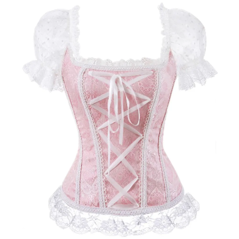 Sexy Gothic Princess Costume Short Sleeves Lace Up Corset Bustier Top Boned Waist Trainer Lingerie Overbust Corsets Body Shaper