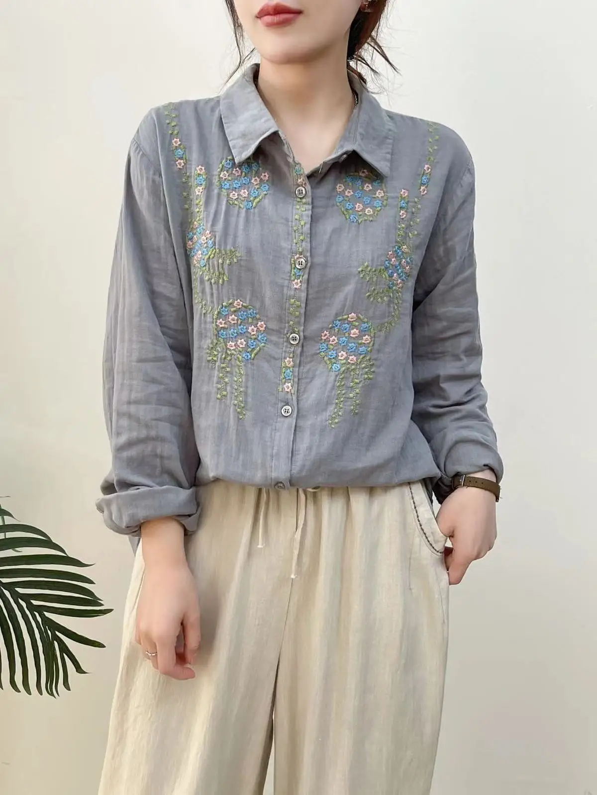 New Spring Cotton Yarn Causal Shirt Women Lapel Long Sleeve Tops Girl Retro Embroidery Commute Loose Blouse 2024 Autumn T43737QM