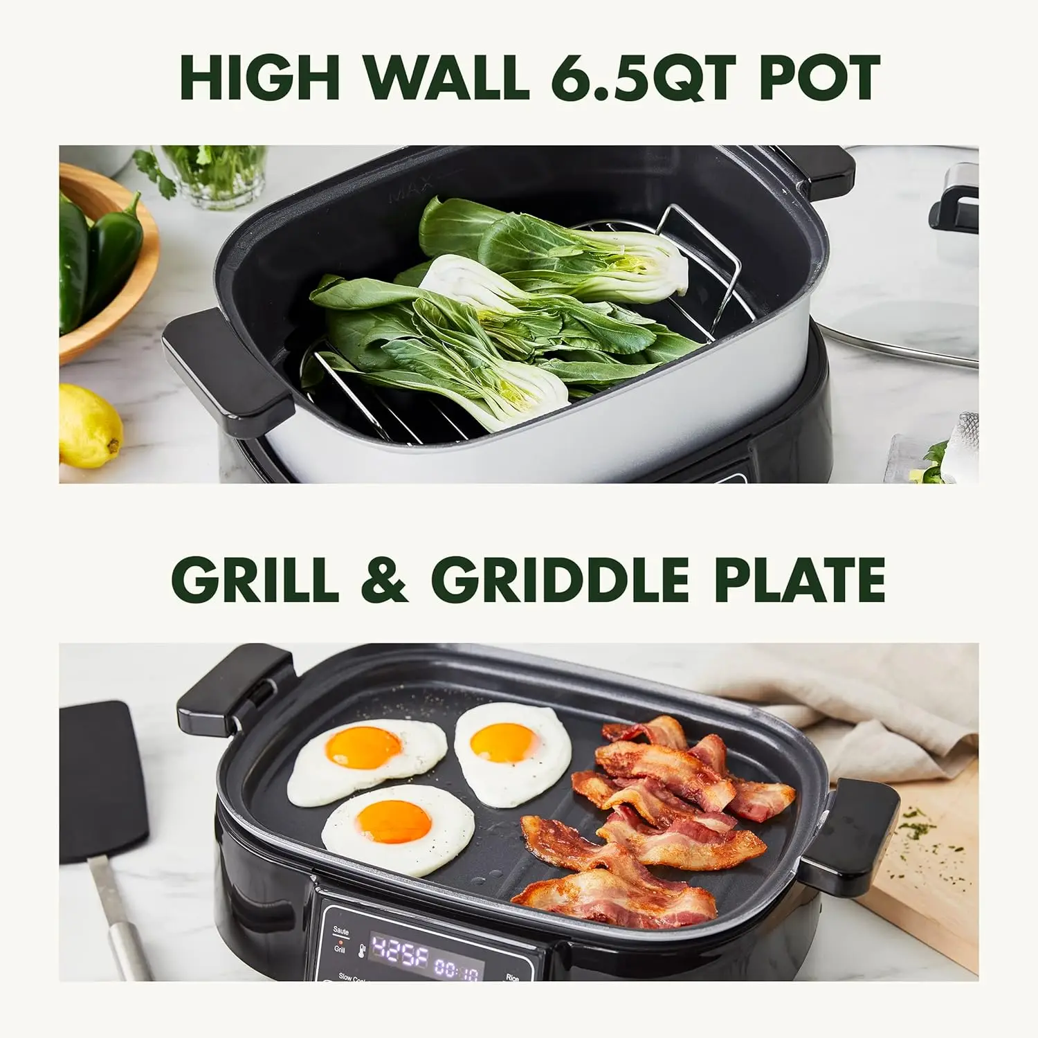 GreenPan-sartén de acero inoxidable 8 en 1, parrilla y olla de cocción lenta, preajustes para saltear al vapor, freír y cocinar arroz, cerámica saludable