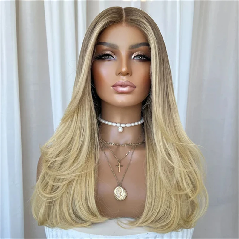 

Модный прямой парик Боб Ombre Золотистый блондин Синтетический HD парик фронта шнурка Реалистичный парик для женщин Алопеция Волос 24 дюйма