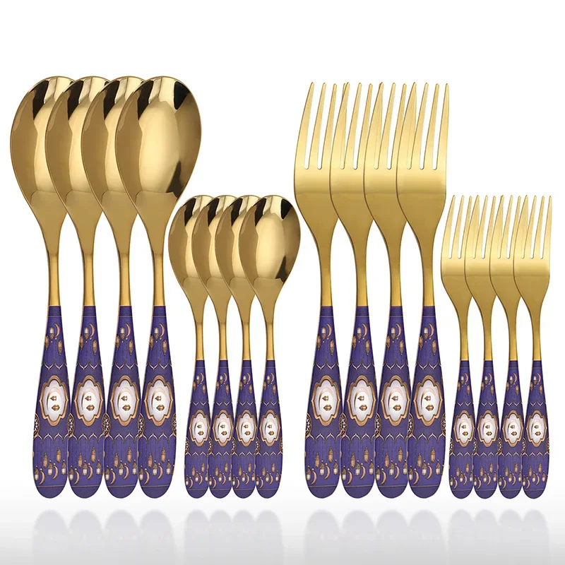 16pcs Luxunry Dinnerware Flatware Set Stainless Steel Pattern Handle Silverware Dinenr Fork Spoon Tableware Cutlery For Ramadan
