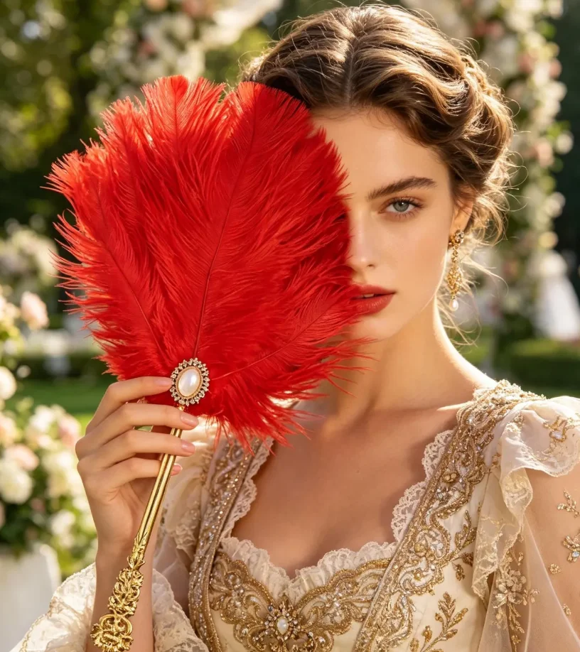 Ostrich Feather Fan - Sturdy Iron Handle - Retro Victorian Style - Wedding Bridal Prop