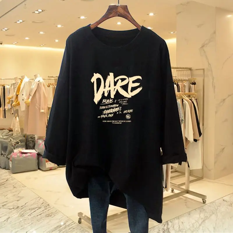 Women Clothing Chic Letter Print Cotton T-shirt Autumn Casual Loose O-neck Long Sleeve Top Tee Lady Oversized Pullover 35-100Kg