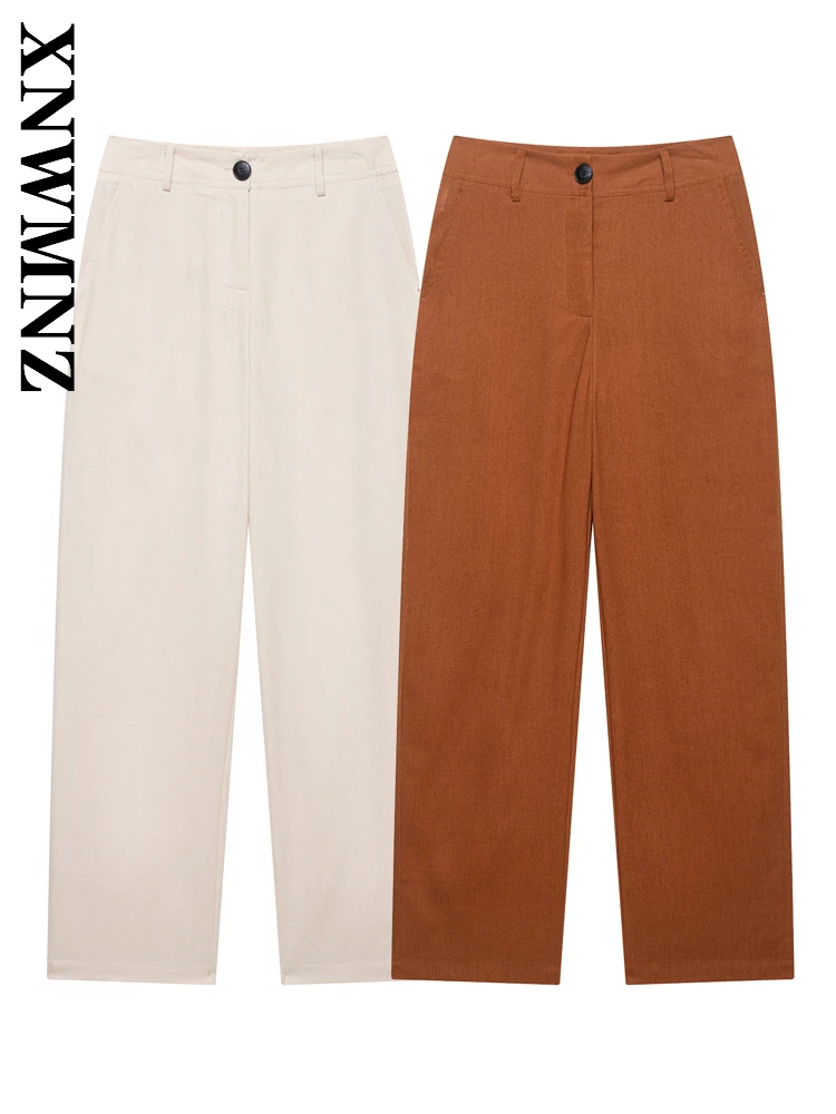 

XNWMNZ 2025 летние женские винтажные льняные штаны на пуговицах, простые женские однотонные длинные брюки, модные с высокой талией