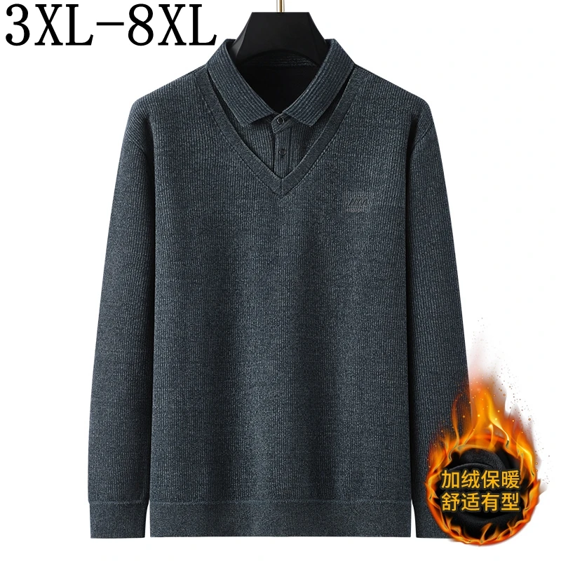 8XL 7XL 6XL 2024 New High End Fake Two Piece Plus Velvet Polo Shirt Men Long Sleeve Lapel Mens Shirts Comfortable chemise homme