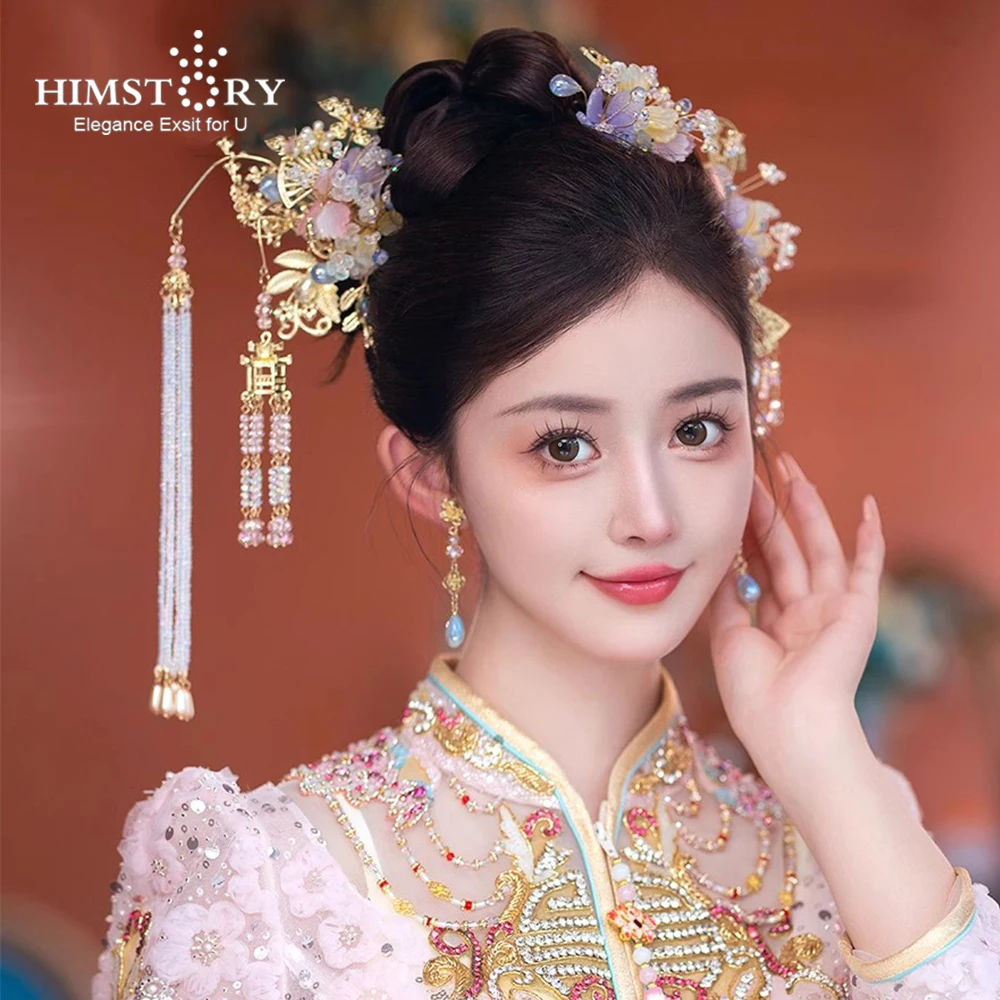 HIMSTORY New Bride Ancient Costume Headdress Chinese Wedding Hair Ornaments Set Tassels Hairpin Traditional Wedding Dress Access