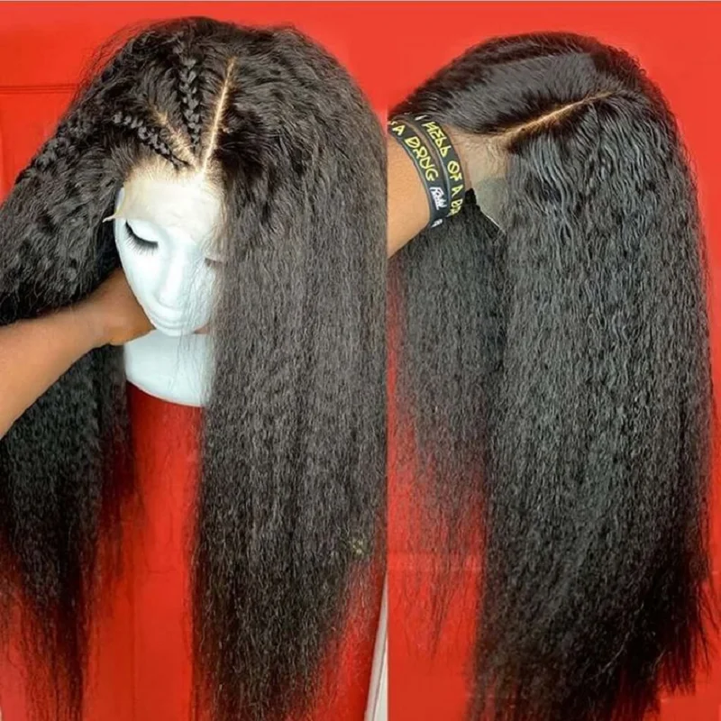 Peluca con malla frontal para mujer, pelo largo Yaki, suave, Natural, negro, 26 pulgadas, liso, rizado, 180 de densidad, con pelo de bebé, prearrancado, sin pegamento, para uso diario