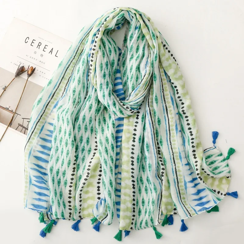 

Shuiyunjian Geometric Print Linen Scarf All-Season Fringe Shawl Silk Feeling BandanaTravel Sun Protection Hair Wrap for Women