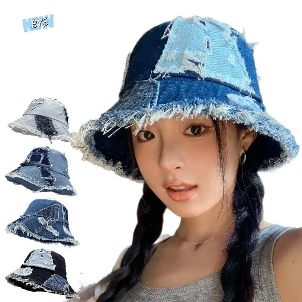 

Fashion Japanese Denim Bucket Hat Beggar Style Splicing Retro Fisherman Hat Patched Bule Sun Protection Basin Cap Unisex