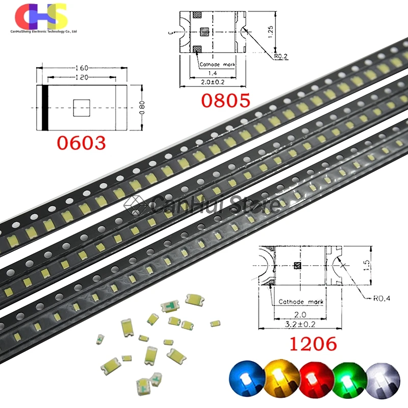 LED発光チップ,100個,0402 0603 0805 1206,赤,青,緑,白,オレンジ,ピンク,高品質の発光ダイオード