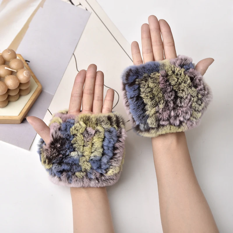 Women's Natural Rex Rabbit Fur Gloves Elastic Knitted Real Fur Mittens Winter Warm Wrist Guards with Exposed Fingers