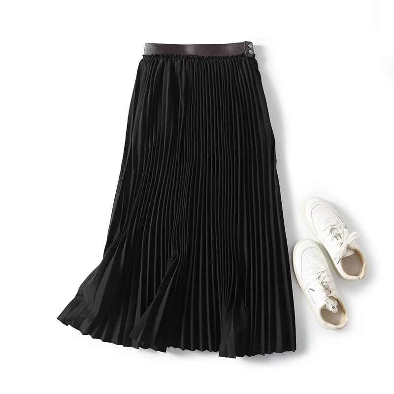 YENKYE Women Faux Leather Patchwork High Waist Pleated Skirt Office Lady Elegant Midi Skirts Black faldas mujer