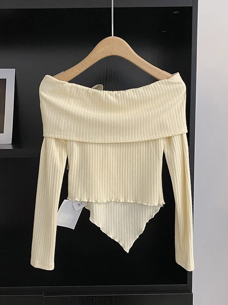 Bow Tied Off shoulder Knitted Long sleeve T shirt Women Youth Elegant Tight Basic Top Sweet Korean Fashion Female Tees 2024 New