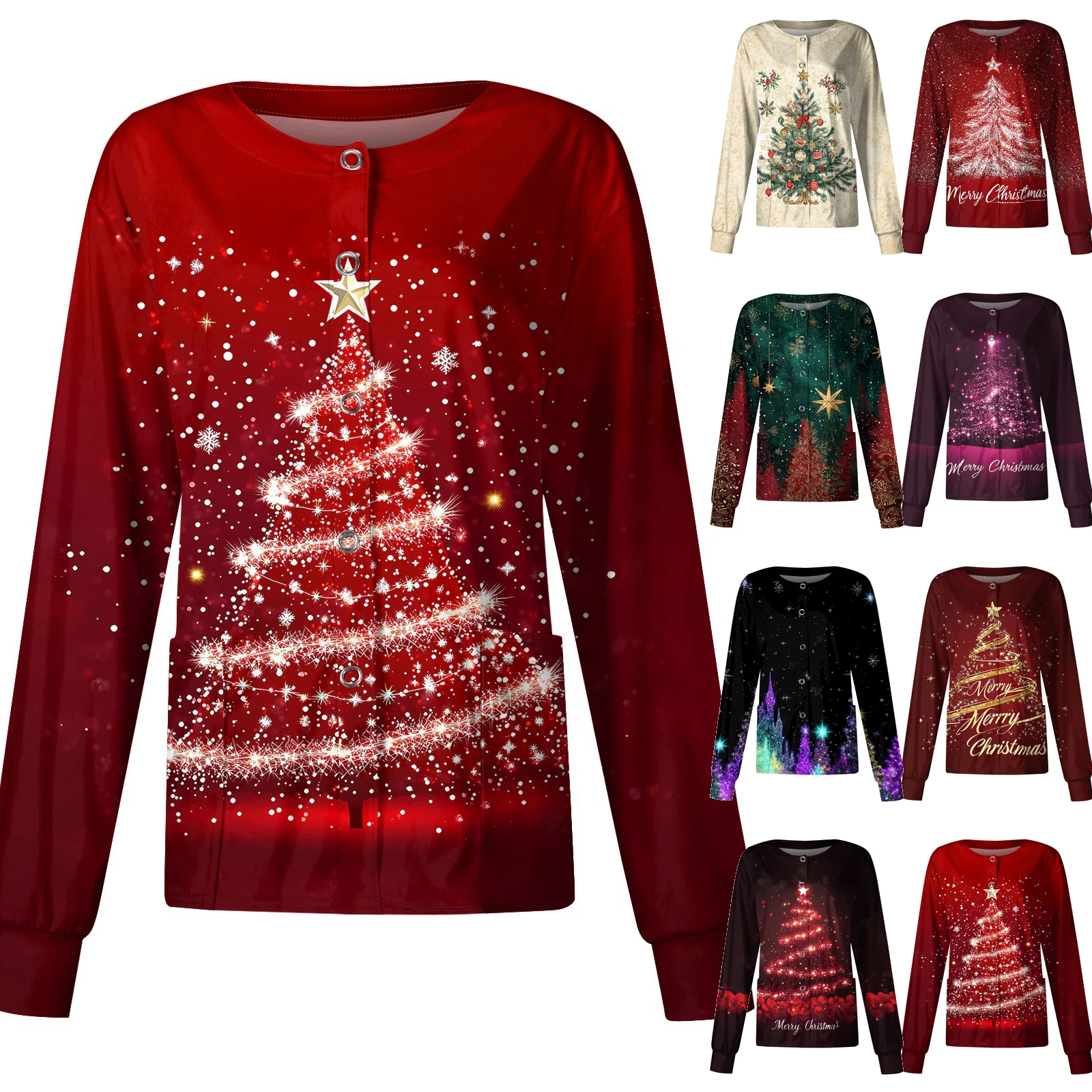 

Однобортный защитный комбинезон, куртка с рождественским узором, топы с длинными рукавами, круглый воротник, карман, рабочий кардиган для медсестры, топ