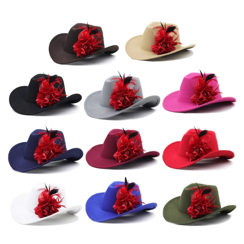 

Cowboy Hat Womens Flower Feathers Hat Western Cowgirl Hats Party Props Costume Drop shipping