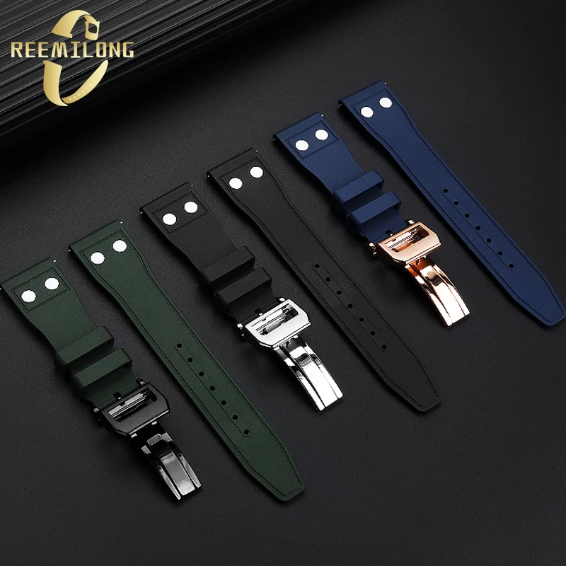 Fluororubber silicone watch strap 20mm 21mm 22mm soft dustproof blue black dark green with rivet watchband For IWC Pilot Mark-xx