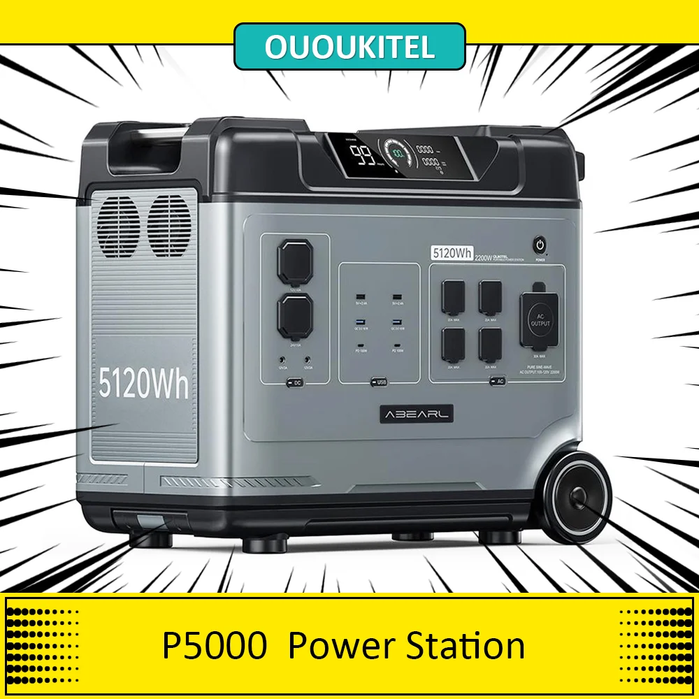 OUOUKITEL ABEARL P5000 Portable Power Station, 5120Wh LiFePO4 Battery, 2200W Output, Seamless 2000W UPS, 15 Outputs,LCD Display