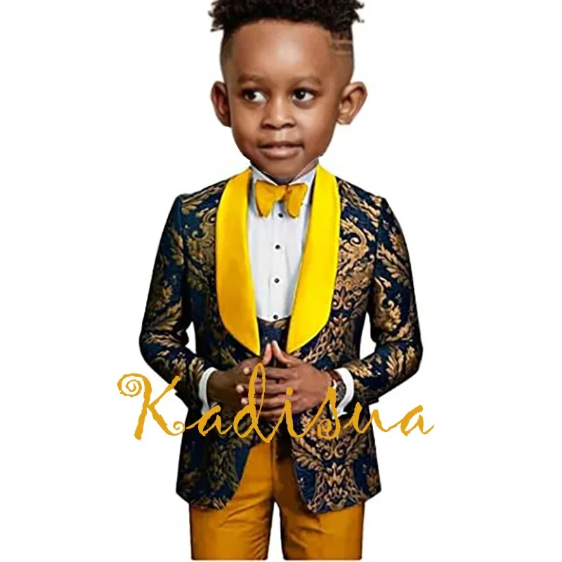 2023 Black Boys Suits Children Kids Gold Floral Flower Shawl Lapel Costume Single Breasted Three Piece Jacket Pants Vest Wedding