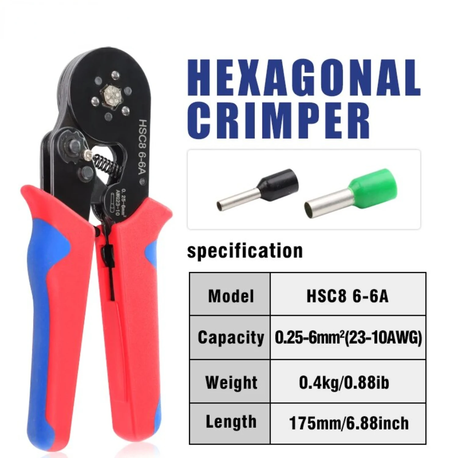 Ferrule Crimping Tools HSC8 6-6A Self-Adjusting Hexagonal Wire Crimper Pliers  0.25-6mm²(AWG23-10) Electrical Circuit Repair