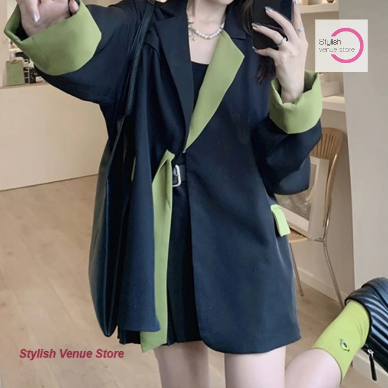 Koreanische Version der lockeren, schicken Freizeitanzugjacke Frühling und Herbst neue Mode Temperament Kontrastband lose lange Anzugjacke