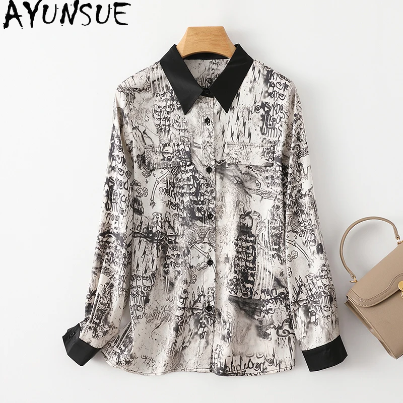 

AYUNSUE 92% Real Mulberry Silk Womens Shirts Long Sleeved Clothes Retro Women Blouse Ink Printing Tops Woman 2024 Camisa Mujer