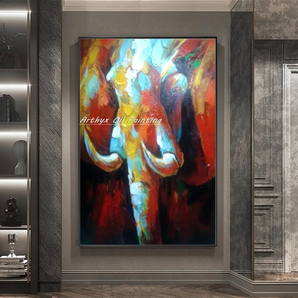 Arthyx Decorative Art,Hand-Painted Elephant Animal Oil Paintings On Canvas,Modern Abstract Wall Picture For Kids Room,Home Decor