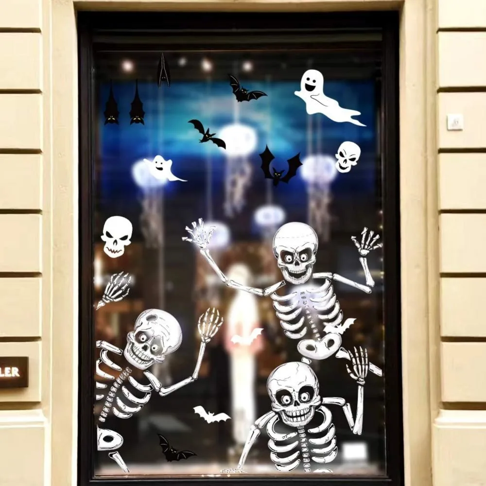 4pcs/SET, Halloween Window Clings Decals For Window Glass Decorations, Halloween Window Stickers Skeleton Clings For Party