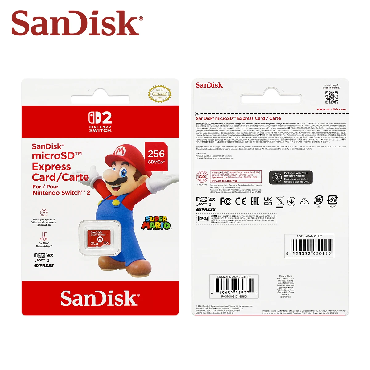 샌디스크 정품 256GB 마이크로SD 익스프레스 카드 (닌텐도 스위치2용) 전문가용 고속 메모리 마이크로SDXC I EX 카드 880MB/s 읽기 속도