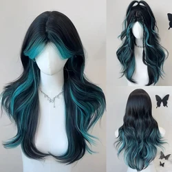 Black Blue Highlights Long Wave Wig Synthetic Fluffy Lolita Cosplay Women Heat Resistant Wig for Daily Party