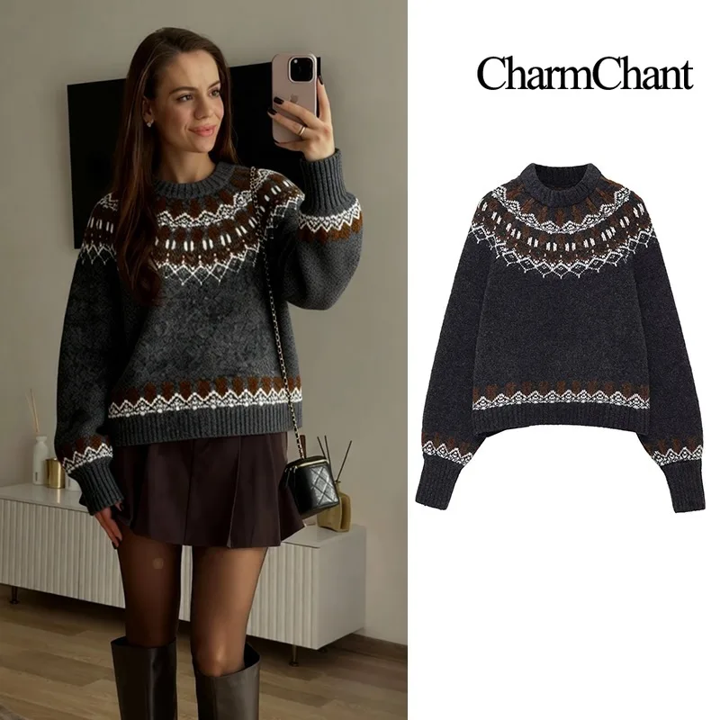 

CharmChant Wool Grey Fair Isle Knit Sweater for Women Winter 2025 O-Neck Cozy Knitwear Jumper Long Sleeve Top Pullovers Woman