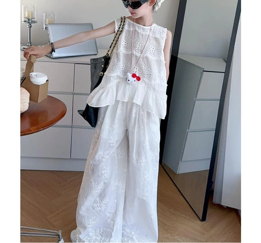 New Summer Ruffle Edge Hollow out Clothes Set for Teen Girls 2-Piece Junior Kids Outfit with Vest Tops And Casual Wide Leg Pants