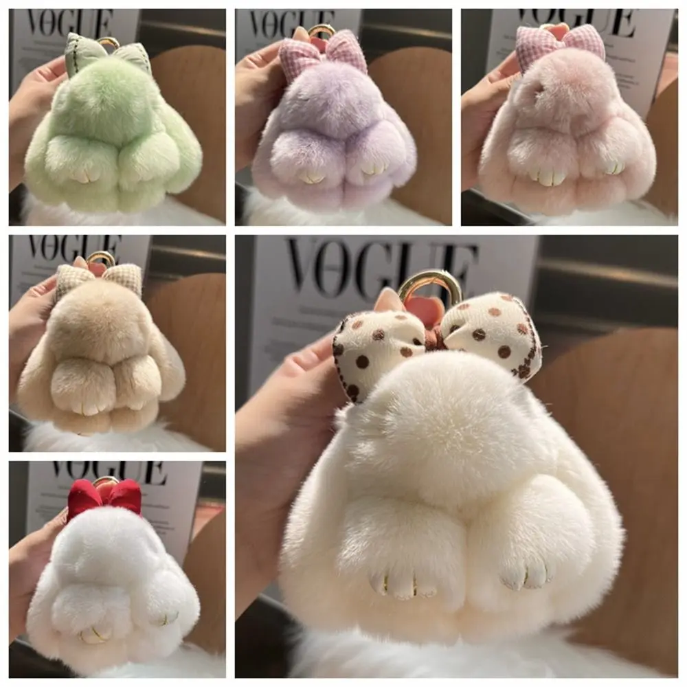 Fashion Hair Bow Rabbit Fur Keychain Cute Fluffy Pompoms Bunny Keychain Bag Charm Alloy Ring Plush Rabbit Key Ring Car Key Chain