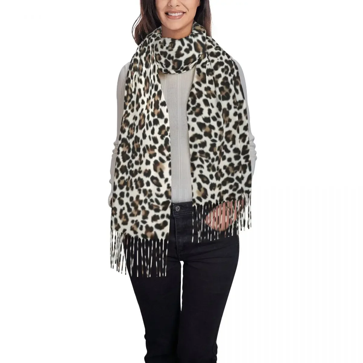 Leopard Skin Print Scarf Women Fashion Winter Shawl Wraps Cheetah Camouflage Tassel 