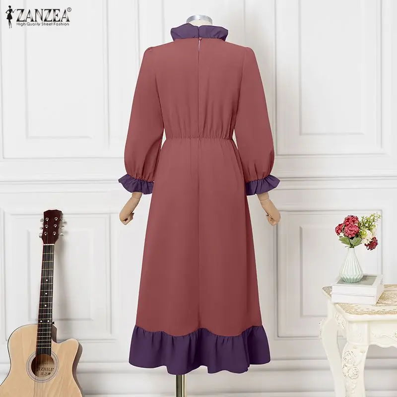 ZANZEA Modne Sukienki Maxi Damskie Jesienne Stójka Długi Rękaw Falbany Długie Sukienki Vestidos 2026 Patchwork Casual Elegancka Sukienka na Imprezę