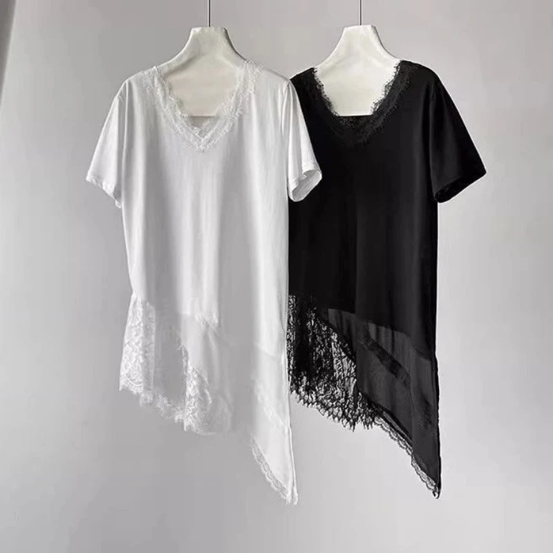 Thin Simplicity Lace Patchwork Loose Solid Lazy Tops Short Sleeve Irregular Casual T Shirts Summer Korean Fashion Women Clothing