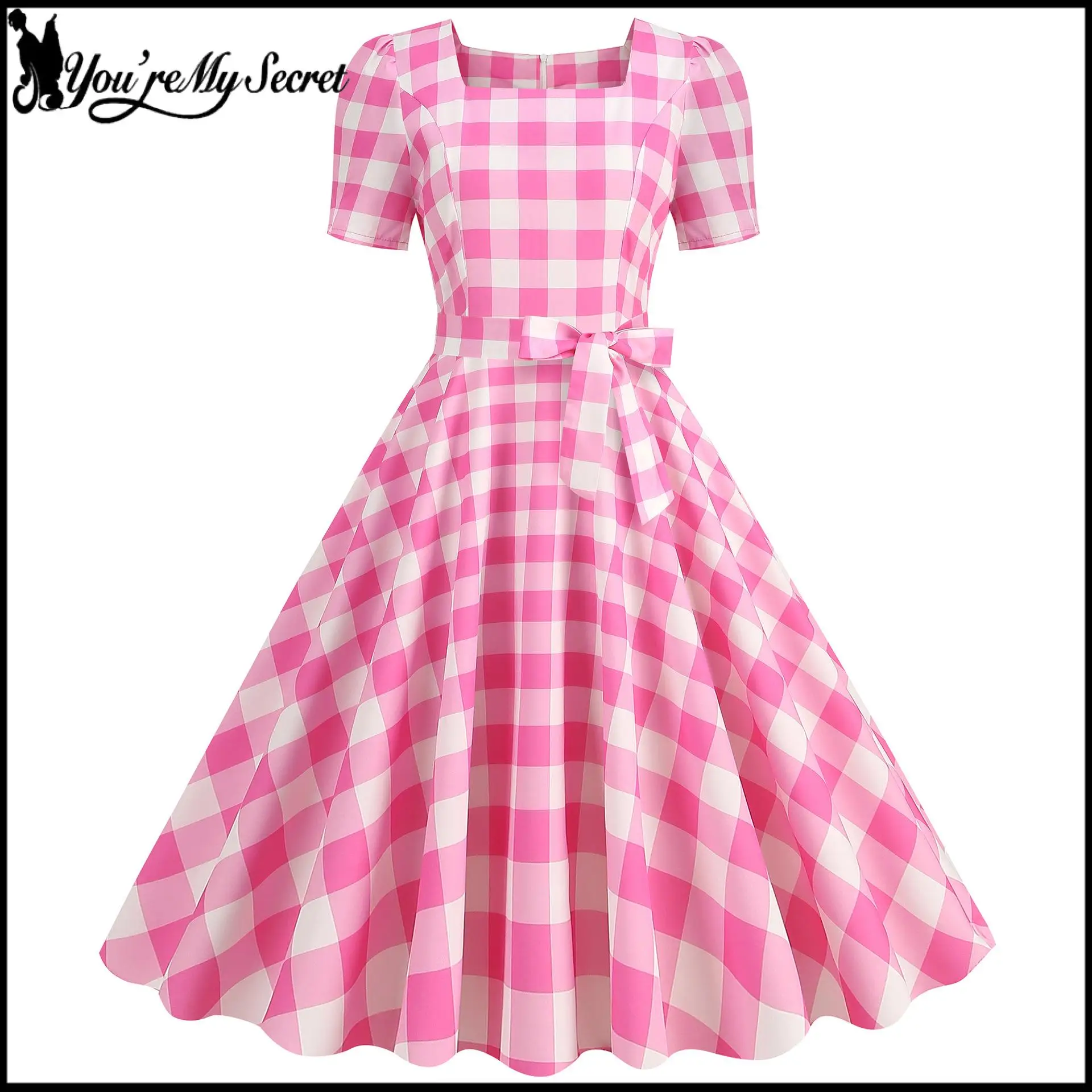 [You're My Secret] Vestido rosa a cuadros estilo Hepburn para mujer, vestido corsé con lazo de los años 50, vestido vintage con mangas abullonadas, vestido de fiesta estilo pin-up.