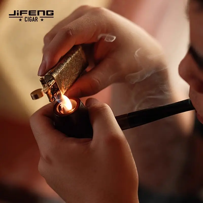 Jifeng Vintage Cigar Pipe Lighter Inflatable Butane Gas Lighter Male Gift Zinc Alloy Material Exquisite Relief Tang Grass
