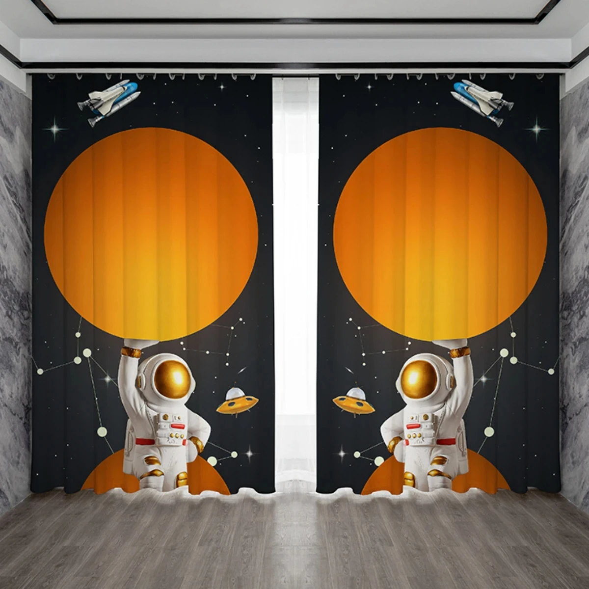 Personalized Creative Astronaut Pattern High Blackout Curtains Technology Sense Starry Sky Space Shading Drape Bedroom Curtain