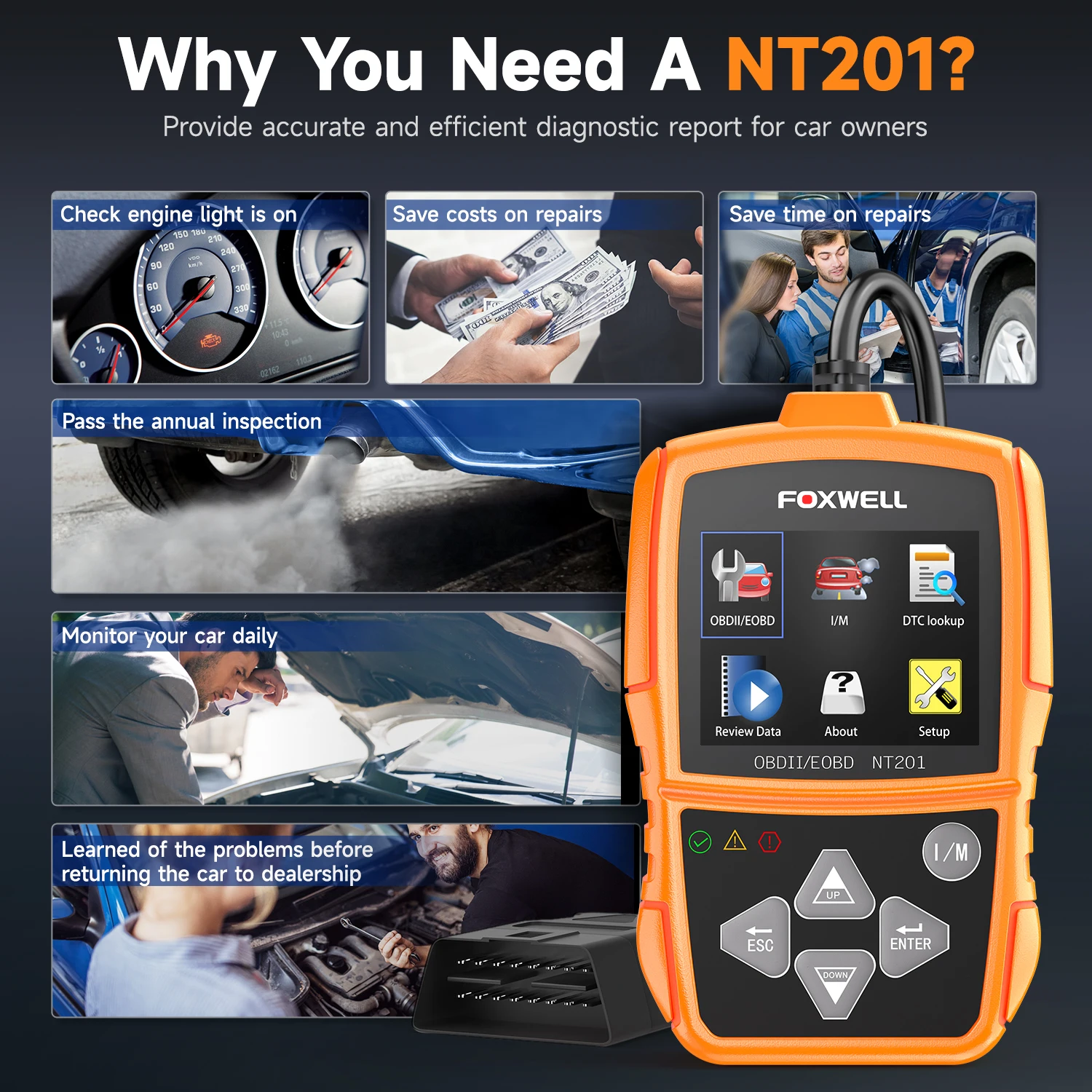 FOXWELL NT201 OBD2 Code Reader Engine Check Turn Off Engine Light Full OBDII Function OBD2 Scanner
