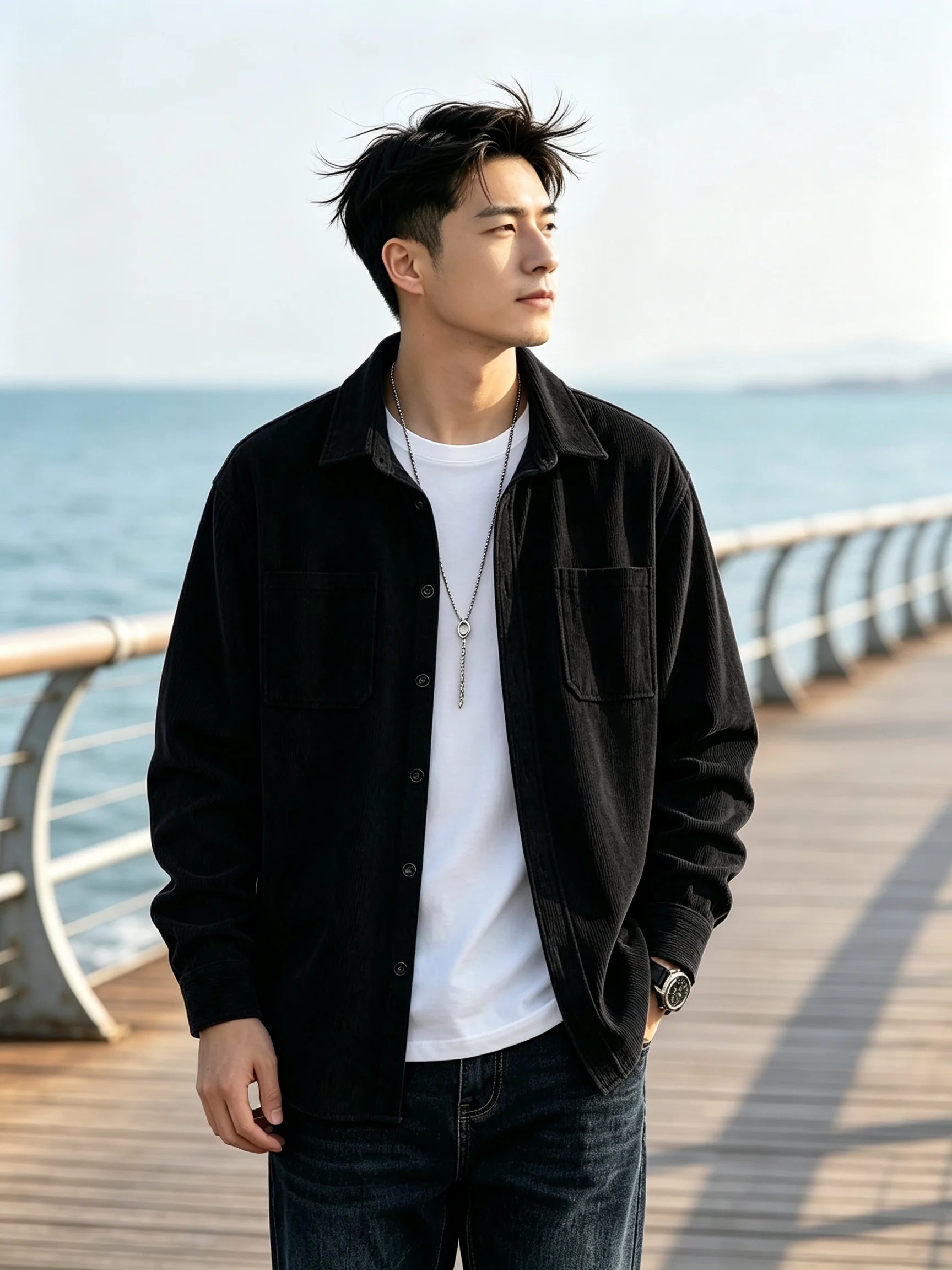 Men Corduroy Long Sleeve Shirt Vintage Double Pockets Button Up Shirts Autumn Casual Loose Fit Solid Color Tops