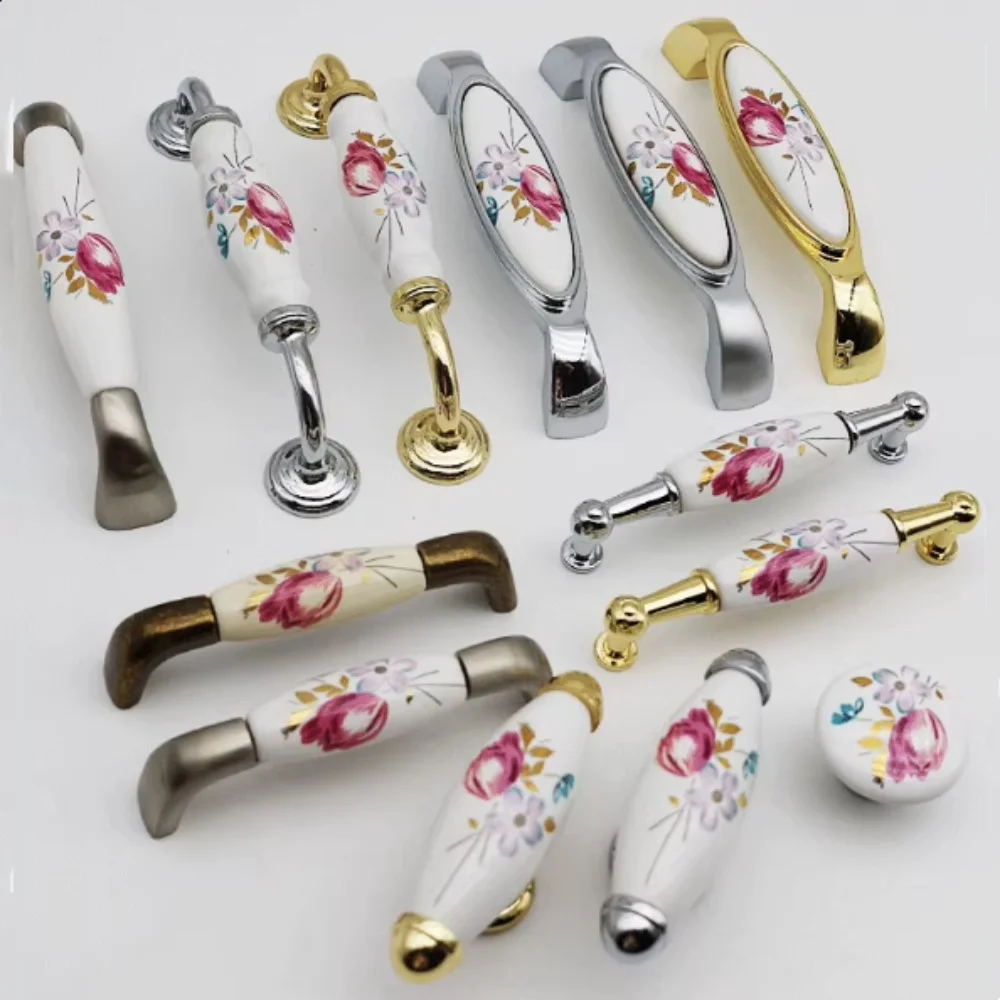 

96 128mm Modern Fashion Rural Blue Red Flower Ceramic Wardrobe Cupboard Door Handle Silver Gold Drawer Shoe Cabinet Knob Pull 5"