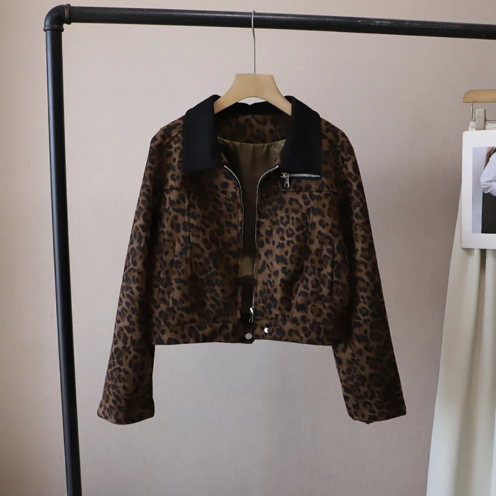 

Retro Leopard Floral Short Jackets for Women Autumn Korean Turn Down Collar Zipper Coats All-Match Commute Chic Outerwears
