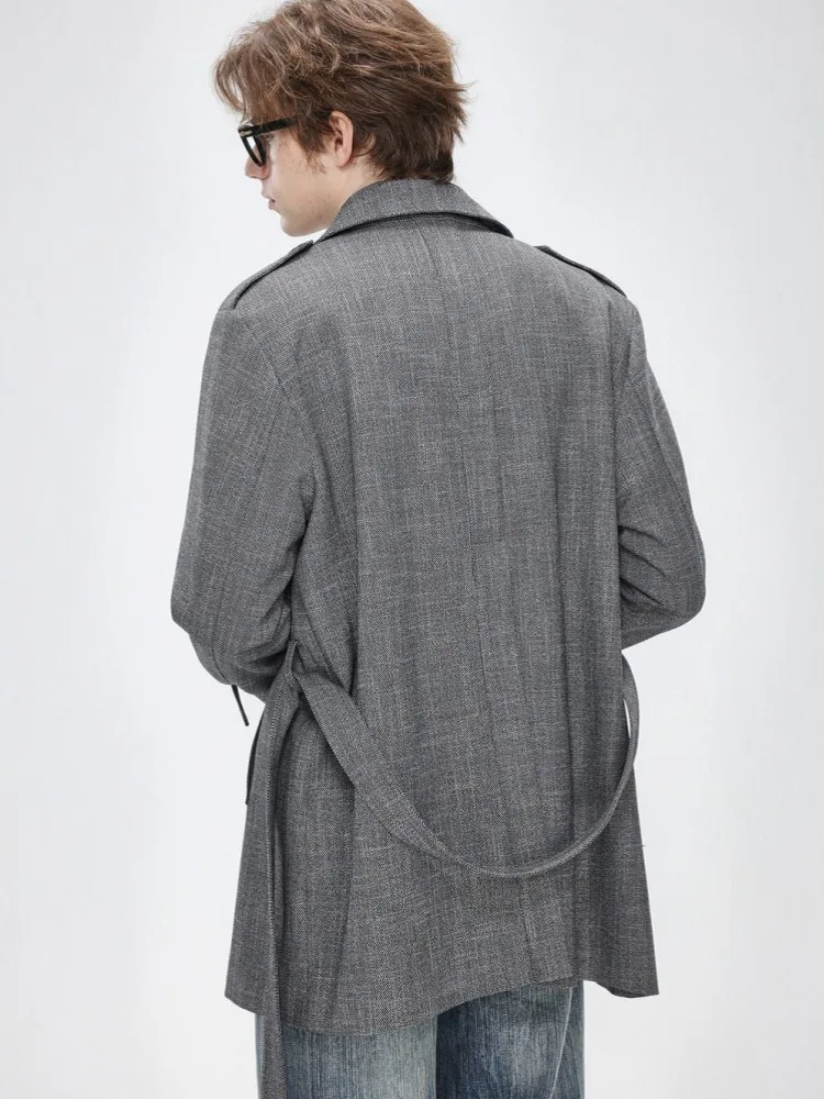 2026 Autumn Mens Double Breasted Windbreaker Coat Work Male Belt Lapel Collar Trench Coats Business Casual Handsome Jackets
