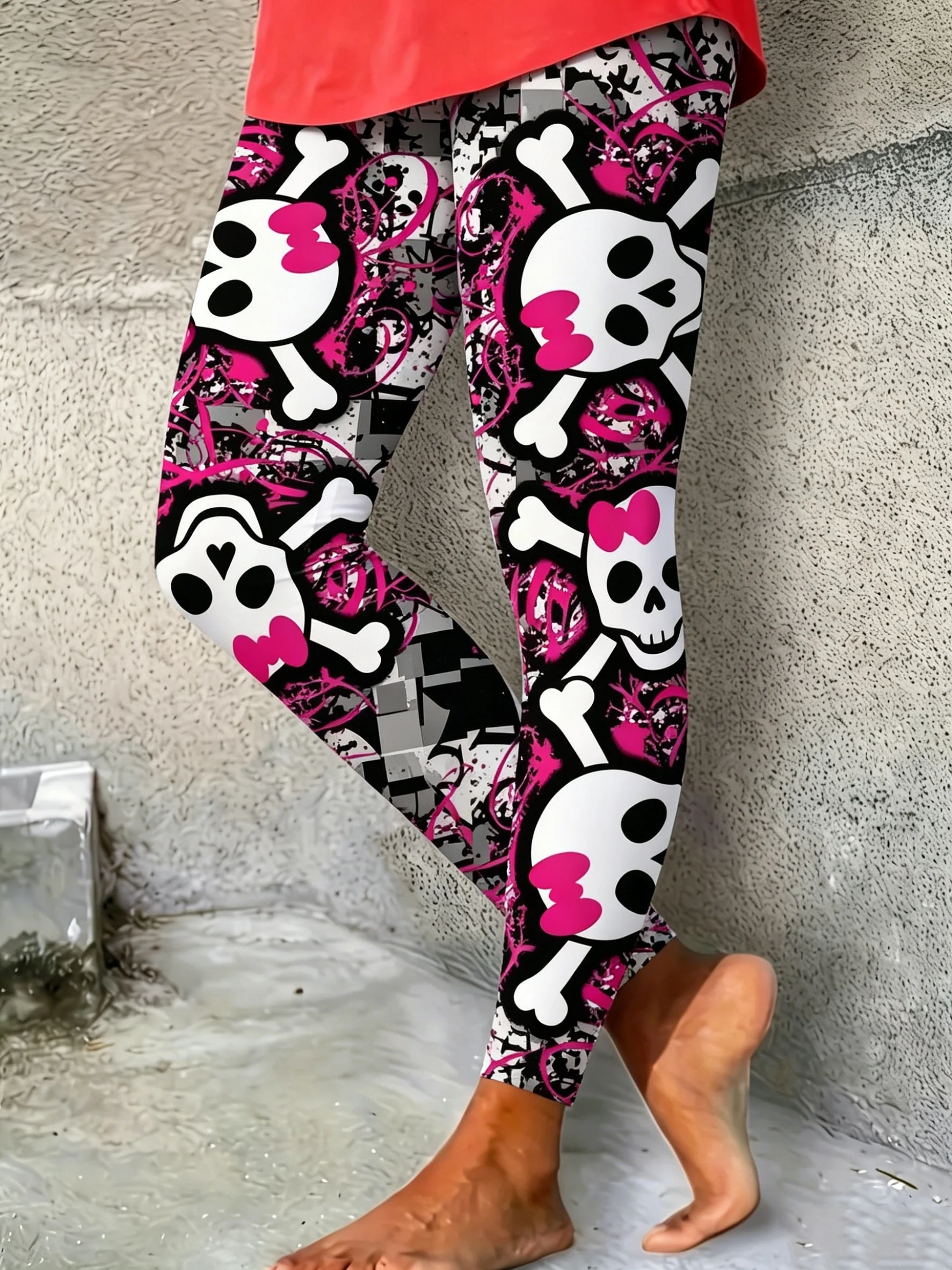 Women Fleece‑Lined Leggings Cute Pink Bow Skull Cross‑Bone All‑Over Print Mid‑Waist Bottoms