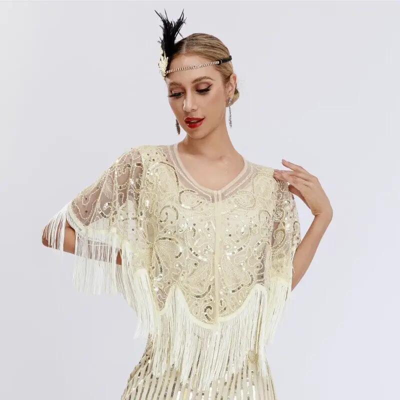 1920s Flapper Retro Gatsby Ball Party Tassel Sequin Shawl  Beaded Evening Dress Short Small Shawl