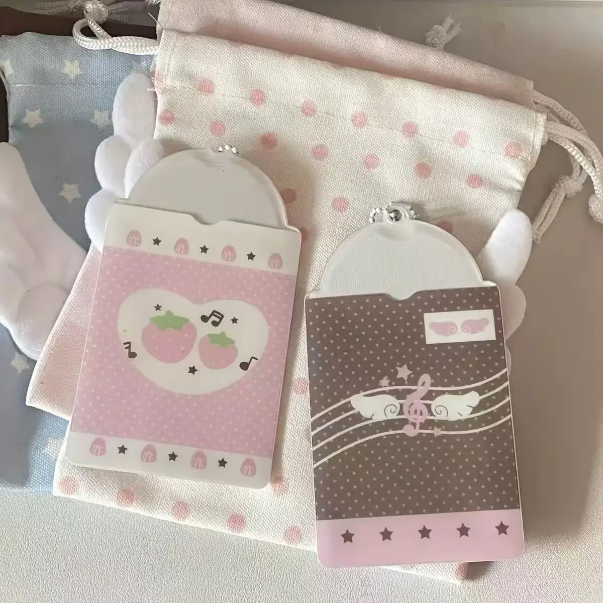 1-2PCS Pink Brown Notes Wings Card Cover Display Pendant Small Card Holder Grid Strawberry 3inch Photocard Holder DIY INS Photo