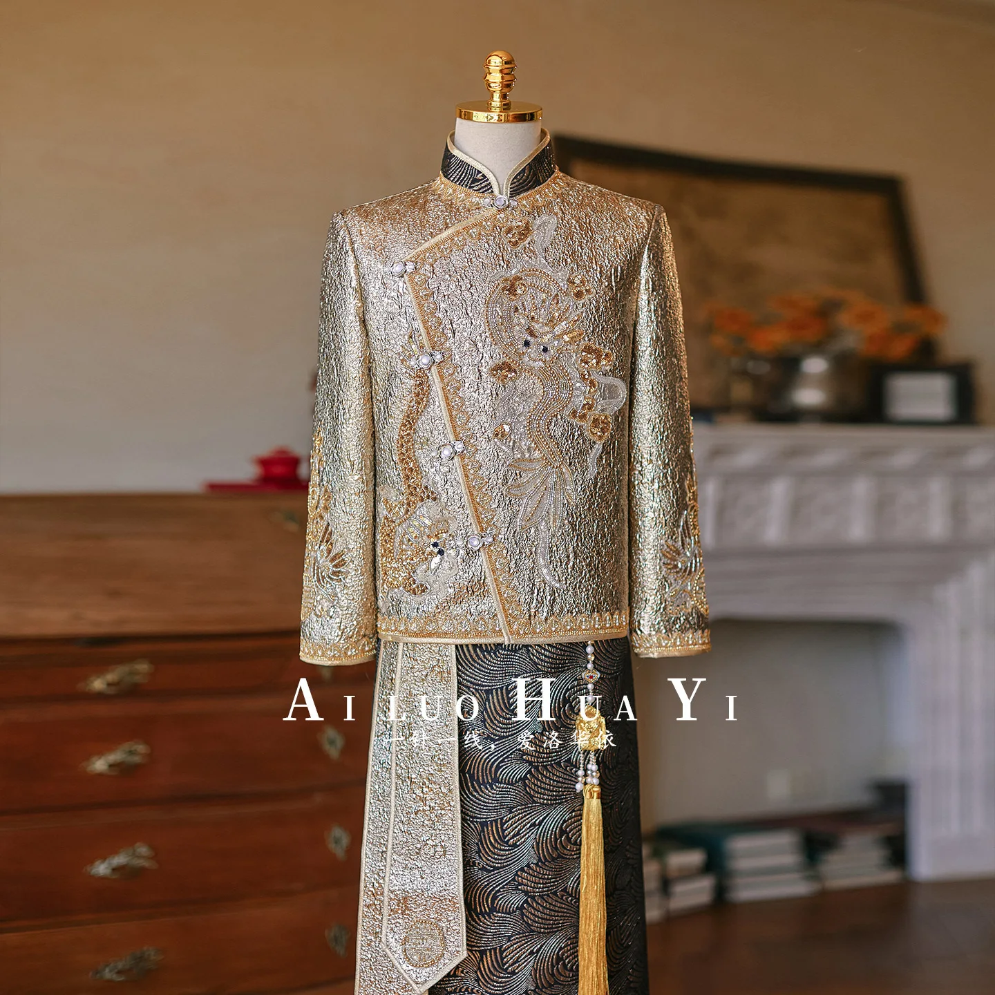 

Платье жениха, мужская одежда цвета шампанского, золото, одежда Xiuhe, Азия, свадебная церемония, жених, дракон, феникс, пальто с вышивкой + юбка