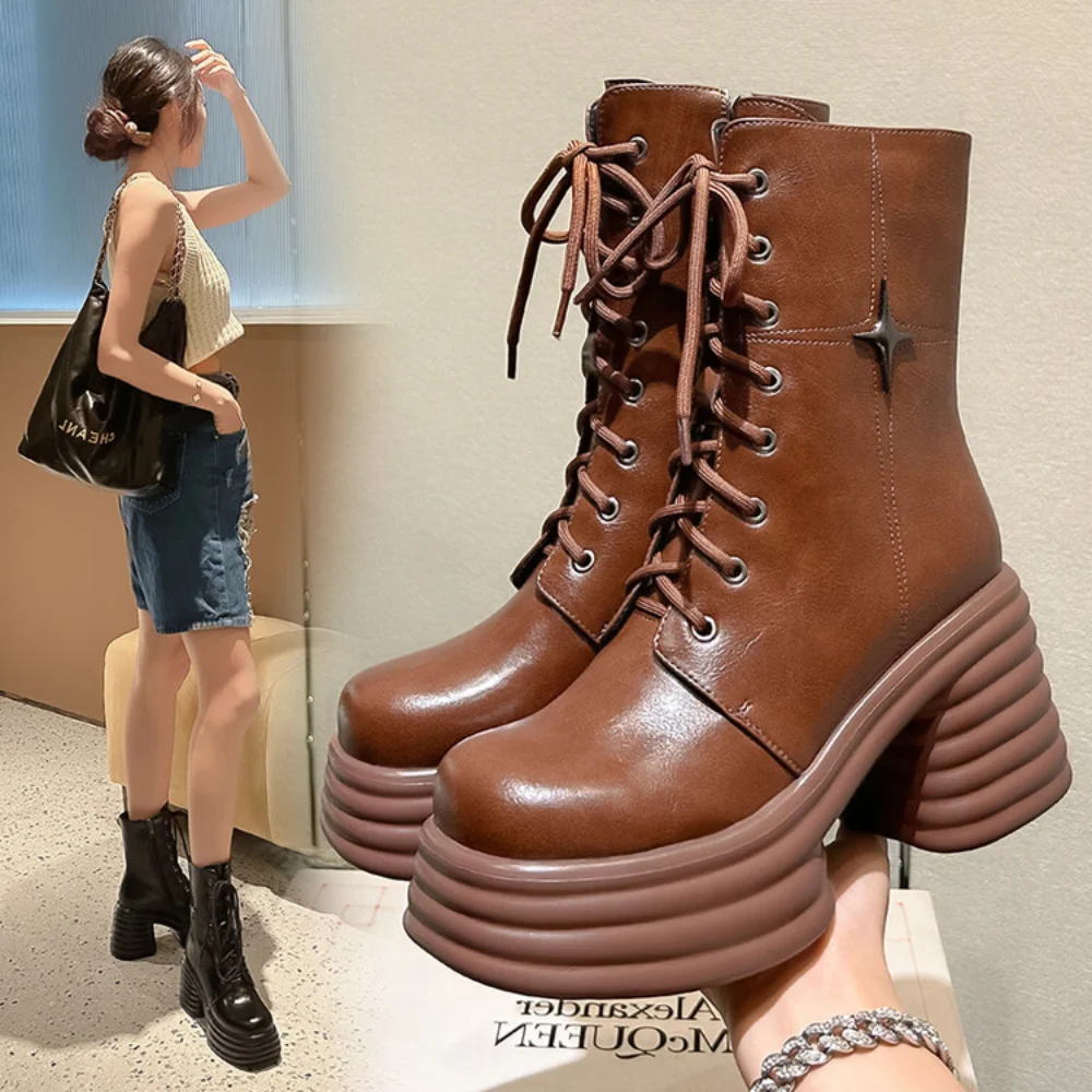 Brown Short Boots Women Genuine Leather Platform Chunky Heel Ankle Boots Fashion Gothic Style Modern Boots High Heels Shoes